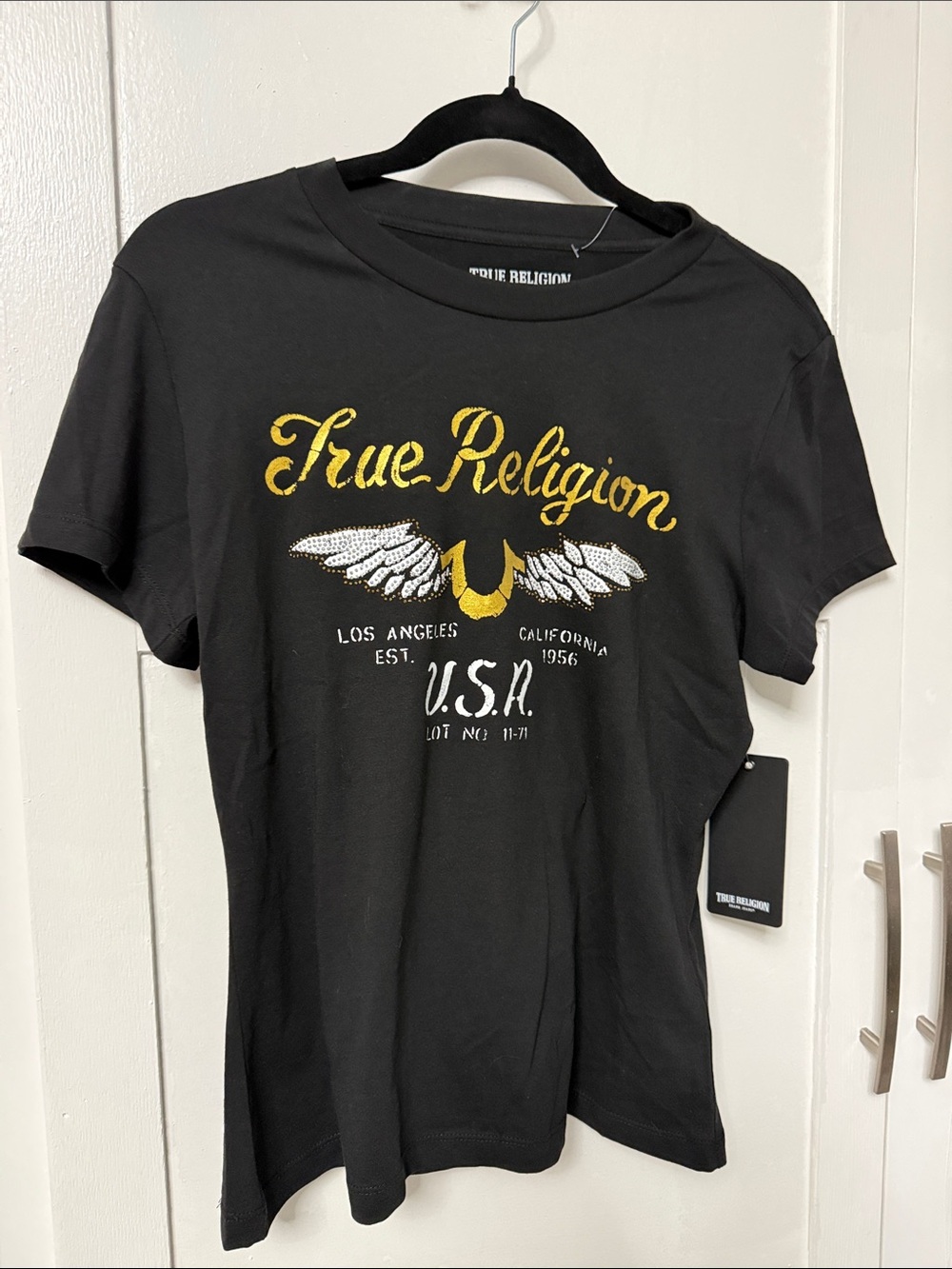 True Religion Black Tee with Yellow Script and White Wing Accent